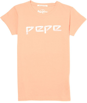 Pepe Jeans Girls Graphic Print Cotton T Shirt(Orange, Pack of 1) available at flipkart for Rs.250