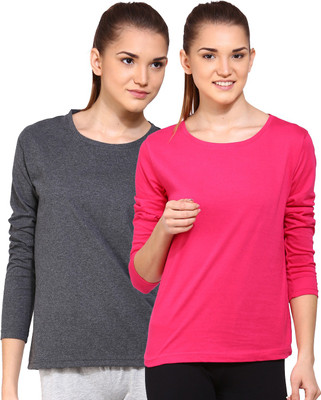 

Ap'pulse Solid Women's Round Neck Grey, Pink T-Shirt(Pack of 2), _amel_dpnk