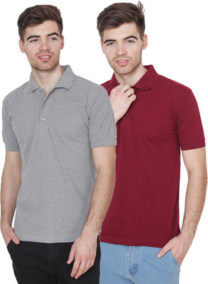 Xee Solid Men Polo Neck Maroon, Grey T-Shirt(Pack of 2)