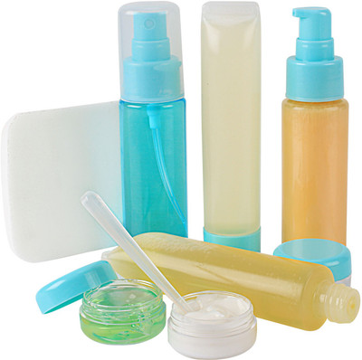 

HOKIPO Plastic Refillable Travel Toiletry Spray Bottle Set, 9 Pieces in Zippered Pouch [Airline Carry-on Approved] Travel Toiletry Kit(Blue)