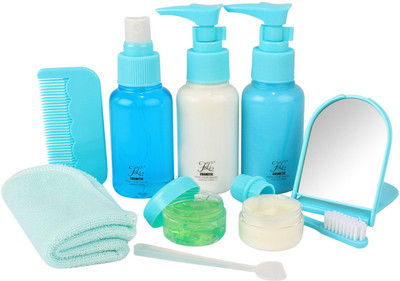 

HOKIPO Clear Plastic Refillable Spray Bottles Set with Zippered Pouch, 10 Pieces - [Airline Carry-On Approved] - Travel Toiletry Kit(Blue)