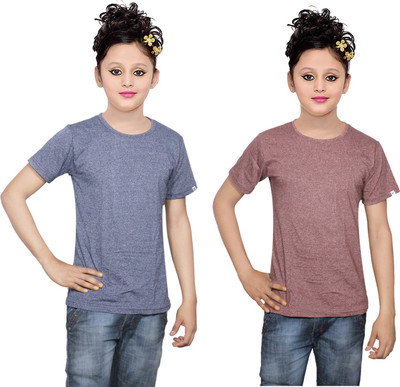

IndiWeaves Girls Solid Cotton T Shirt(Multicolor, Pack of 2, Blue;brown