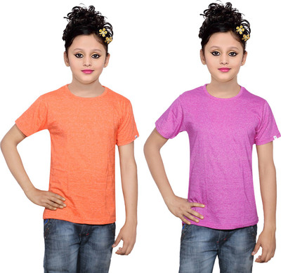 

IndiWeaves Girls Solid Cotton T Shirt(Multicolor, Pack of 2, Orange;pink