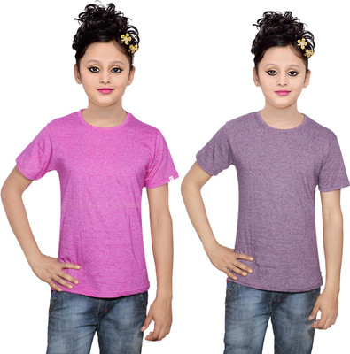 

IndiWeaves Girls Solid Cotton T Shirt(Multicolor, Pack of 2, Pink;purple