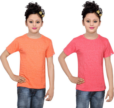 

IndiWeaves Girls Solid Cotton T Shirt(Multicolor, Pack of 2, Orange;red