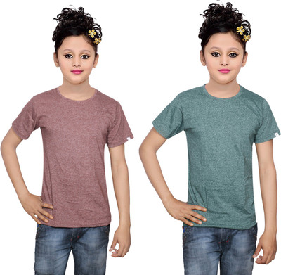 

IndiWeaves Girls Solid Cotton T Shirt(Multicolor, Pack of 2, Brown;green
