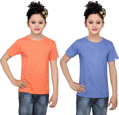

IndiWeaves Girls Solid Cotton T Shirt(Multicolor, Pack of 2, Blue;orange