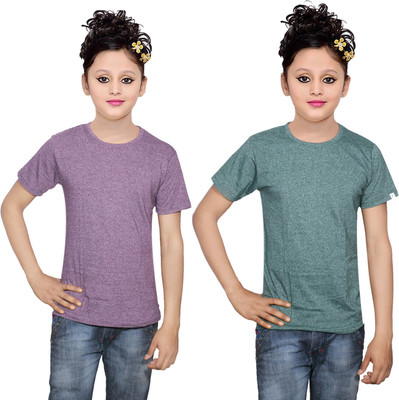 

IndiWeaves Girls Solid Cotton T Shirt(Multicolor, Pack of 2, Green;purple