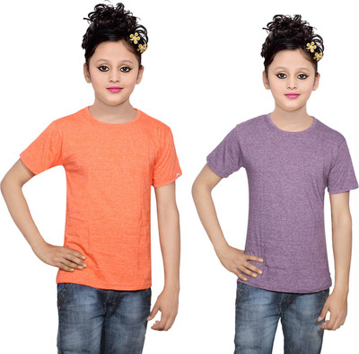

IndiWeaves Girls Solid Cotton T Shirt(Multicolor, Pack of 2, Orange;purple
