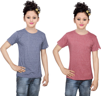 IndiWeaves Girls Solid Cotton T Shirt(Multicolor, Pack of 2, Blue;brown