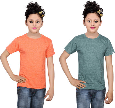 

IndiWeaves Girls Solid Cotton T Shirt(Multicolor, Pack of 2, Green;orange