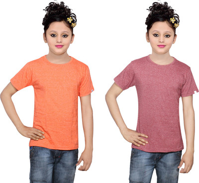 

IndiWeaves Girls Solid Cotton T Shirt(Multicolor, Pack of 2, Brown;orange