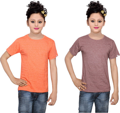 

IndiWeaves Girls Solid Cotton T Shirt(Multicolor, Pack of 2, Brown;orange