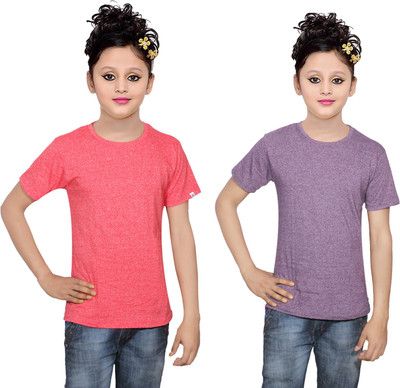 

IndiWeaves Girls Solid Cotton T Shirt(Multicolor, Pack of 2, Purple;red