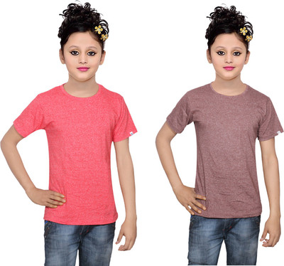

IndiWeaves Girls Solid Cotton T Shirt(Multicolor, Pack of 2, Brown;red