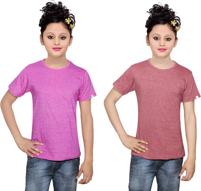 

IndiWeaves Girls Solid Cotton T Shirt(Multicolor, Pack of 2, Brown;pink