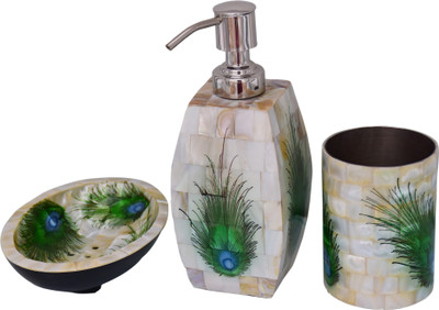 

Purpledip Bathroom Set (Soap Dispenser, Soap Dish & Toothbrush Holder) In Mother Of Pearl With Unique Peacock Design 0.5 L Soap Dispenser