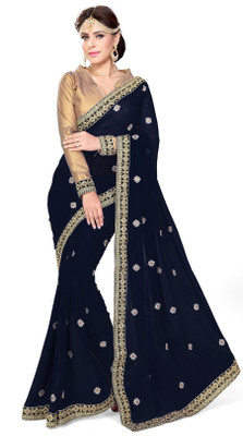 Mirchi Fashion Embroidered Fashion Poly Georgette Saree(Dark Blue)