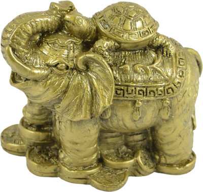 

Reiki Crystal Products Feng Shui Elephant With Turtle For Wealth, Strength, Wsdom And Success Decorative Showpiece - 9 cm(Porcelain, Gold)