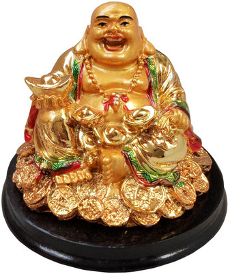 

Ehatti Laughing Buddha Sitting on Coins with Ingot Decorative Showpiece - 9 cm(Polyresin, Wooden, Gold)