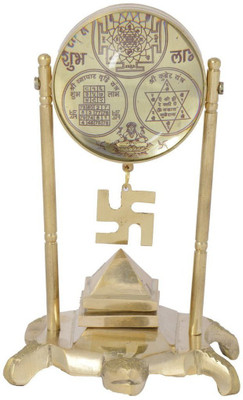 

Reiki Crystal Products Tortoise Pillar Pyramid Shree Yantra with Kuber & Vyapar Yantra Decorative Showpiece - 11 cm(Porcelain, Gold)