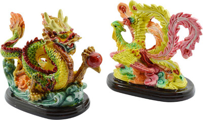 

Reiki Crystal Products Vastu Feng Shui Chinese Dragon and Phoenix Statue Pair for Marriage Luck Decorative Showpiece - 10 cm(Porcelain, Multicolor)