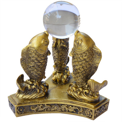 

Reiki Crystal Products Three Fishes With A Crystal Ball For Property Wealth and Harmony Decorative Showpiece - 12 cm(Porcelain, Gold)