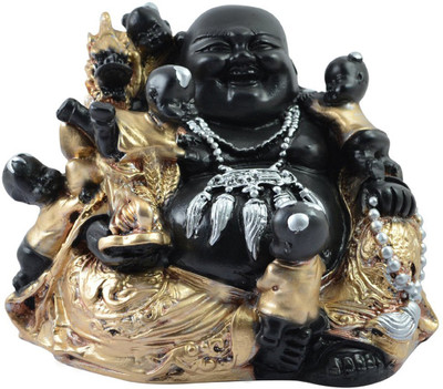 

Reiki Crystal Products Vastu Feng Shui Laughing Buddha With Five Children For Wealth And Success Good Luck & Prosperity Feng Shui Idol Showpiece Decorative Showpiece - 10 cm(Porcelain, Black, Gold)