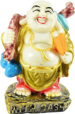 

Reiki Crystal Products Laughing Buddha With Fan For Wealth And Success Good Luck & Prosperity Feng Shui Idol, Showpiece Decorative Showpiece - 9 cm(Porcelain, Multicolor)