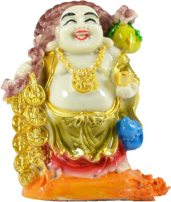 

Reiki Crystal Products Laughing Buddha With Coin And Success Good Luck & Prosperity Feng Shui Idol Showpiece Decorative Showpiece - 9 cm(Porcelain, Multicolor)