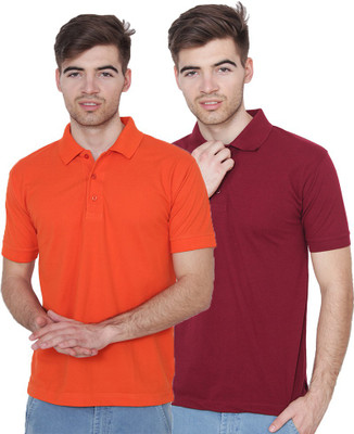 Xee Solid Men Polo Neck Orange T-Shirt(Pack of 2)