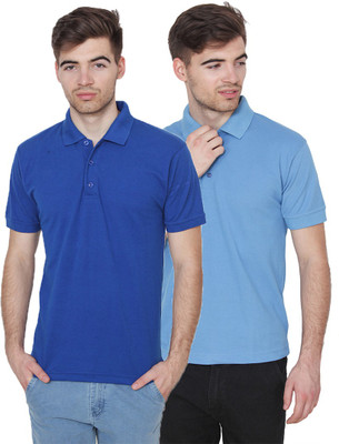 Xee Solid Men Polo Neck Light Blue, Blue T-Shirt(Pack of 2)