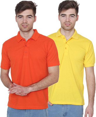 Xee Solid Men Polo Neck Orange, Yellow T-Shirt(Pack of 2)