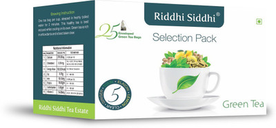 

Riddhi Siddhi Green Tea in Selection Pack (25 enveloped Tea bags) Lemon, Ginger, Cardamom, Tulsi, Unflavoured Green Tea Bags(50 Sachets, Box)