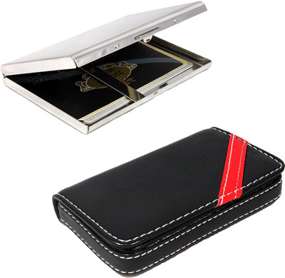 

Stealodeal Red Strip Leather and Silver |Combo of 2| High Quality Metal 15 Card Holder(Set of 2, Black, Silver)