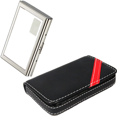 

Stealodeal Red Strip Leather and White Metal|Combo of 2| Business 15 Card Holder(Set of 2, Black, White)