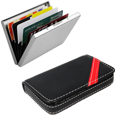 

Stealodeal Red Strip Leather and Silver |Combo of 2|Metal 15 Card Holder(Set of 2, Black, Silver)