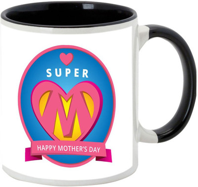 AllUPrints Happy Super Mother's Day Black Ceramic Mug(325 ml), Multicolor