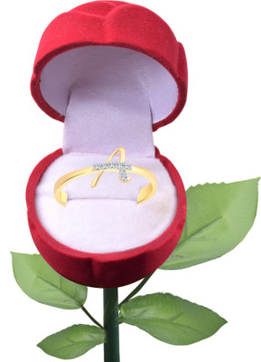 VIGHNAHARTA Initial ''A'' Letter Rose Alloy Cubic Zirconia Gold Plated Ring