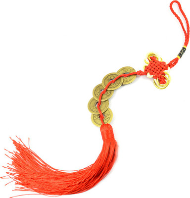 

Reiki Crystal Products Feng Shui Five 5 Coins Hanging With Red Strings For Good Fortune Decorative Showpiece - 28 cm(Porcelain, Red)