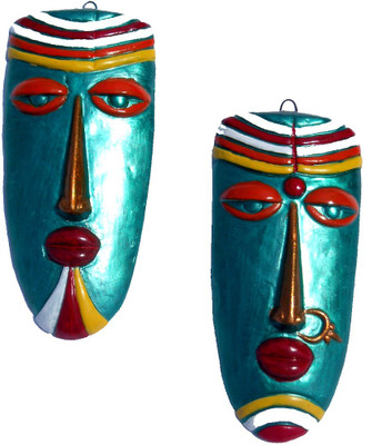 

Rasoh village hand artz tribal hallow egyptian wall hanging mask Decorative Showpiece - 21 cm(Terracotta, Green)