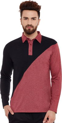 HYPERNATION Solid Men Polo Neck Maroon, Black T-Shirt