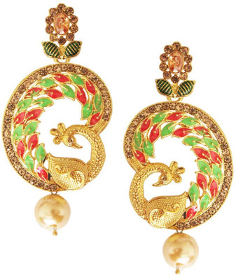 Being Women Traditional Ethnic Wedding Designer Multicolour Glamorous Pearl & Stone Gold Plated Peacock Alloy Drops & Danglers