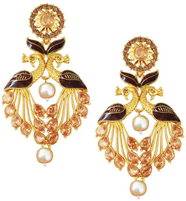 Being Women Traditional Ethnic Wedding Designer Multicolour Royal Peacock Meenakari Stones With Pearl Alloy Drops & Danglers Being Women Traditional Ethnic Wedding Designer Multicolour Royal Peacock Meenakari Stones With Pearl Alloy Drops & Danglers