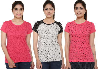 

69GAL Girls Printed Cotton T Shirt(Multicolor, Pack of 3, Grey1;pink;pink1