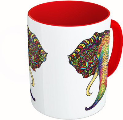 MiiCreations Printed Two Tone Red And White Elephant Face Pattern Ceramic Mug(325 ml)