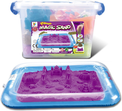 

Toys Bhoomi Easy to store 2KG Magic Sand Beach Toy Set with Inflatable Sandbox, Storage Bucket & Molds - 100% Safe Gluten-Free(Multicolor)