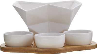 

EZ Life Crooked Serving Bowl with 3 Dip Bowls and Wooden Tray Set -White Ceramic Bowl Tray Serving Set(Pack of 5)