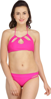 74% OFF on N-Gal Cherry Red 2pcs Halter Bikini Swimwear Solid