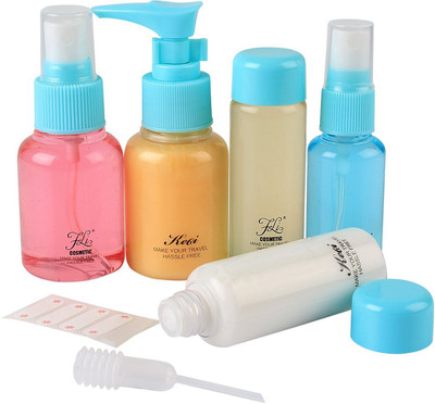 

HOKIPO Clear Plastic Refillable Cosmetic Spray Bottles Set with Zip Lock Pouch, 7 Pieces- [Airline Carry-On Approved] - Travel Toiletry Kit(Blue)